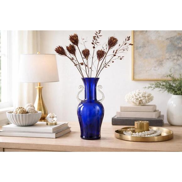 Blenko Glass 1990s Cobalt Blue Clear Amphora Art Glass Vase #9733 14”